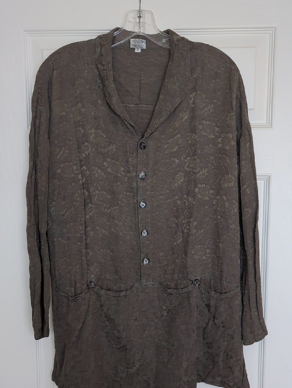 CP Shades Vintage Rayon Jacquard Olive-Green Lightweight Tunic Blouse Small EUC